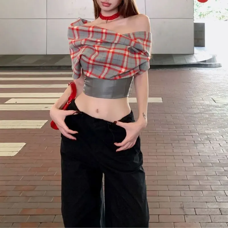 Women Red Grey Plaid Two Way Wear Off Shoulder Halter Crop Top Faux Leather Waistband Back Zipper Slim Y2K Streetwear Tank Tops