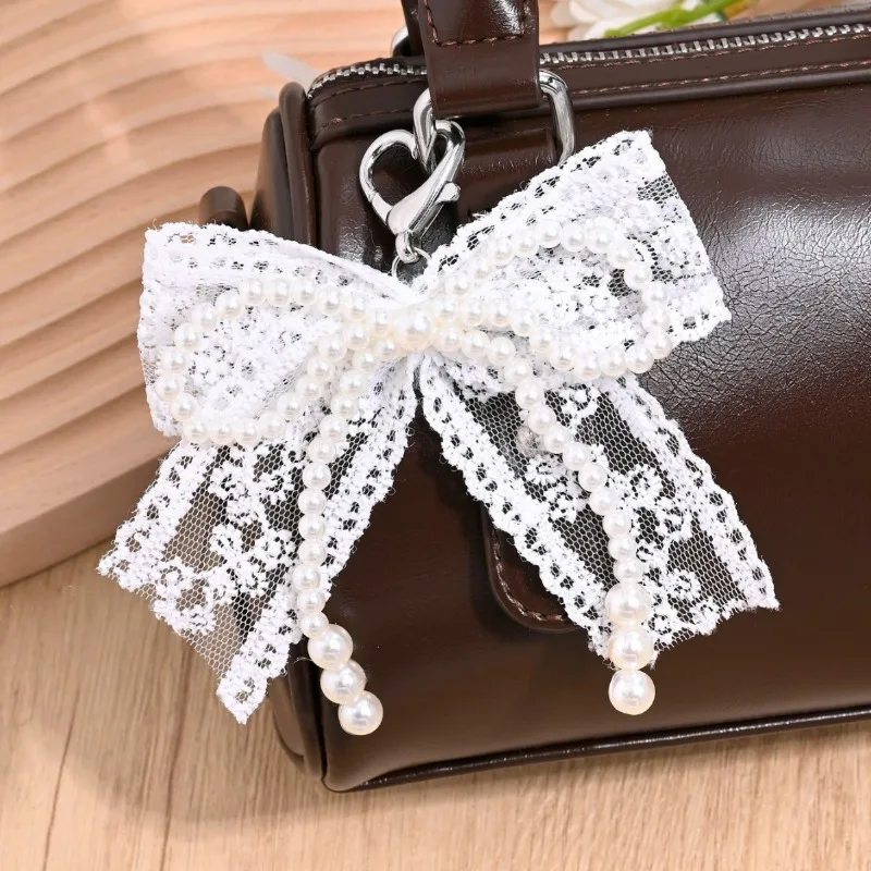 Korean Cute Lace Bow Pearl Beaded Phone Pendant Chain Accessories Aesthetic Ballet Shoes Camera Bag Decoration Keychain Gift