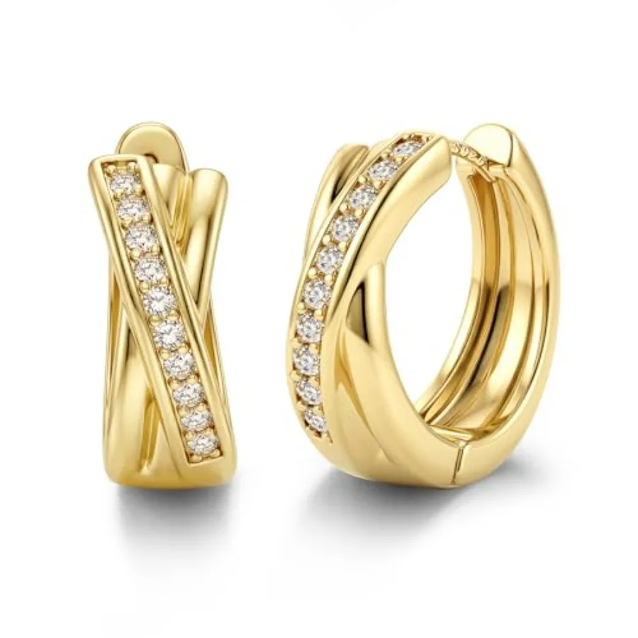 

BESTEEL Hypoallergenic Chunky Hoop Earrings for Women 925 Sterling Post Huggie Hoops with Cubic Zirconia 14K Plated Jewelry for