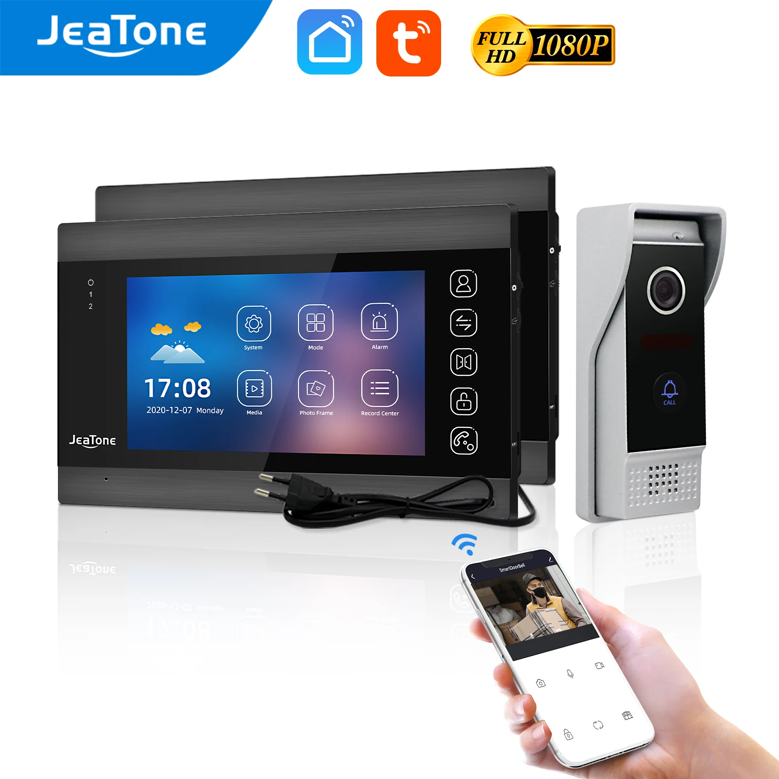 

JeaTone Tuya WiFi Video Intercom 2pcs 7 Inch Indoor Touch Button Screen Door Phone with 1080P FHD Wired Outdoor Doorbell Camera