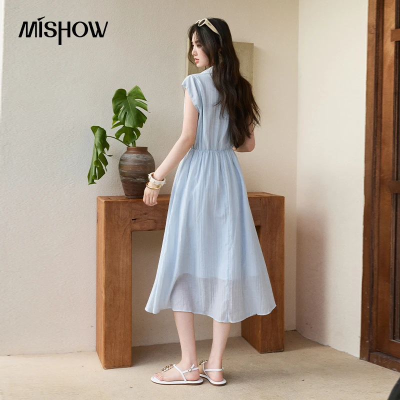 MISHOW Casual Lapel Blue Lace Up Dress For Women 2026 Summer New Gentle Waist Cinched Breathable A-Line French Dress MXF29L2743