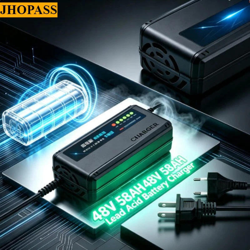 48V 58AH  6LED AGM GEL Dry Water Smart Lead Acid Battery Charger for Motorcycle E-bike Scooter for AC110V-220V  EU AU US UK Plug