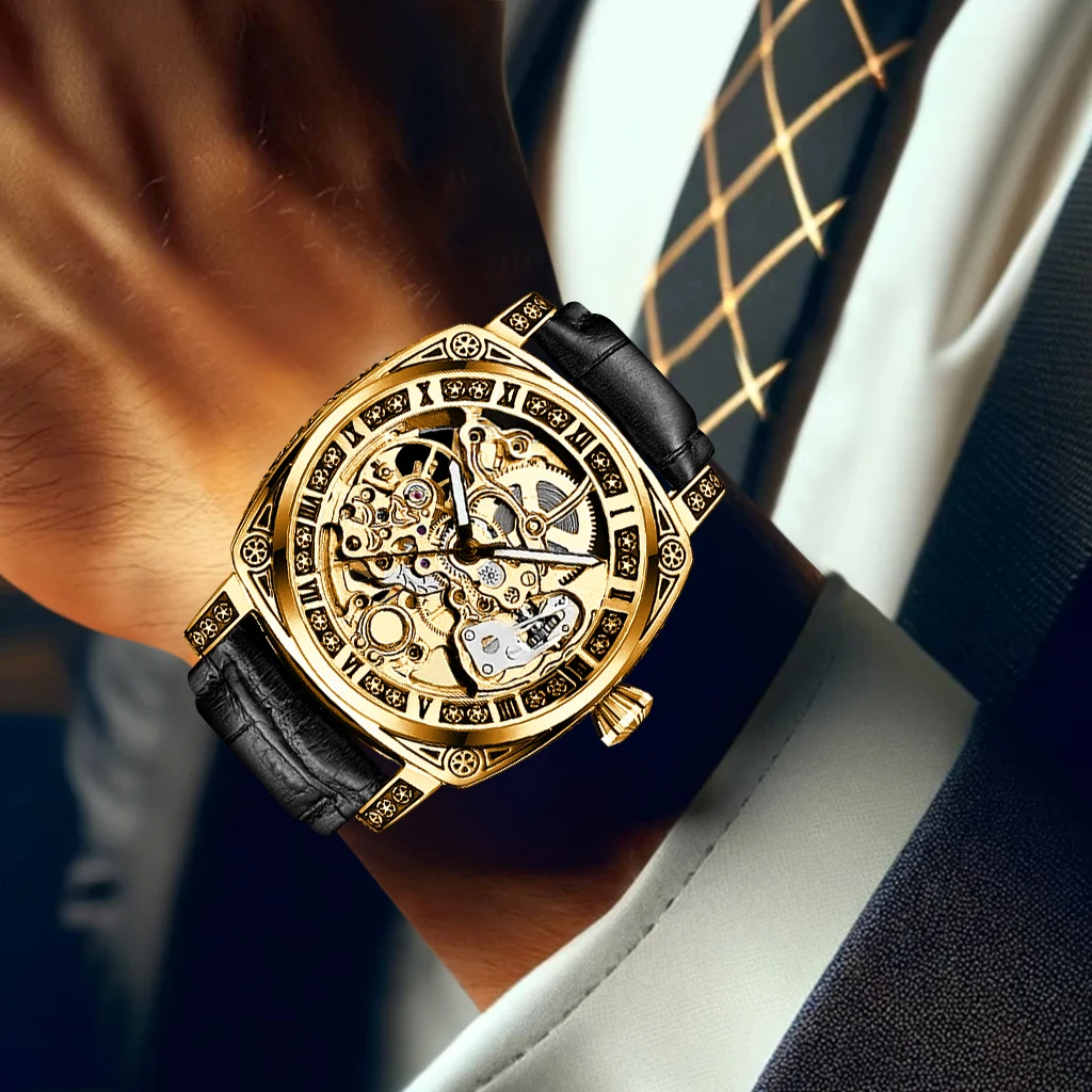 New vintage carved Man mechanical watch hollowed out luminous leather strap business elegant Men mechanical watches