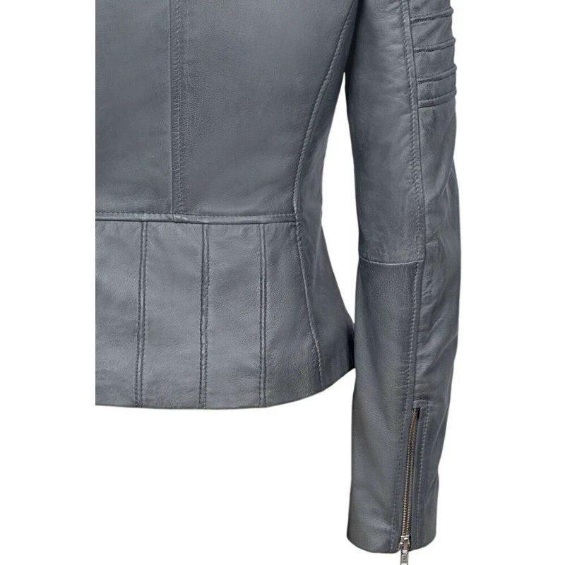 Women's Soft Grey Slim Fit Genuine Sheepskin 100% Leather Jacket Motorcycle Coat