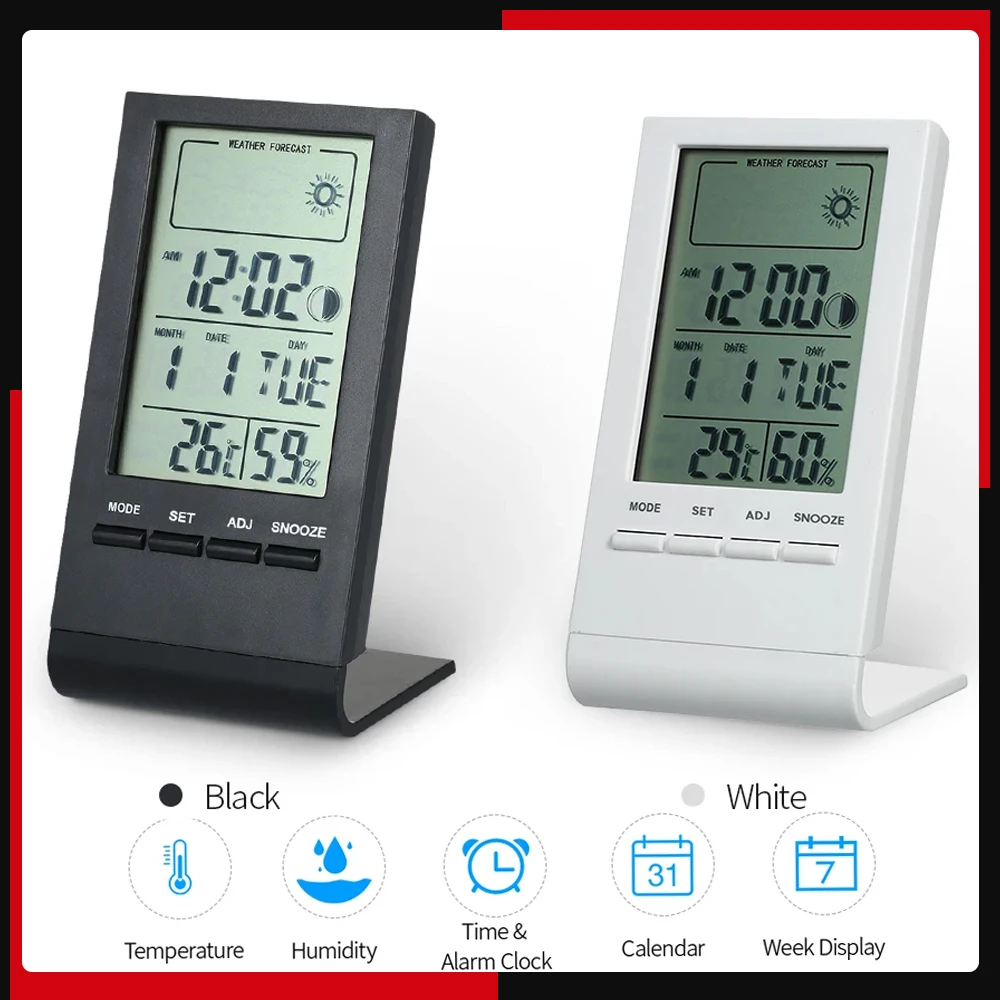 Mini Digital Thermometer Indoor Hygrometer Room Temperature Humidity Meter Gauge Clock Weather Forecast Table Desk Clock