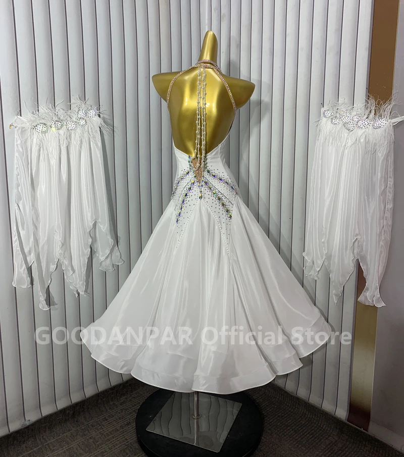 

whiteballroom dance dress Modern dress Waltz Tango Ballroom Dance costumes standard dance dress with ostrich Fethers