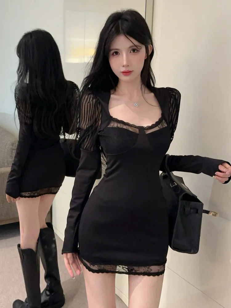 

Sexy Bubble Sleeve Short Dress High Waist Slimming Black Dress Korean Style Commute Pure Color Long Sleeve Square Collar Gown