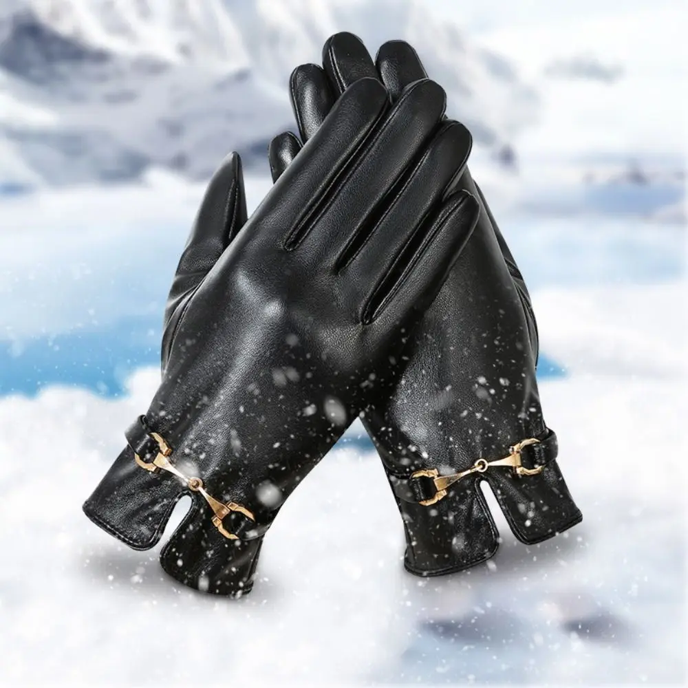 Women Full Finge PU Leather Gloves Windproof Thicken Driving Gloves Winter Warm Waterproof Touch Screen Gloves Outdoor Sports