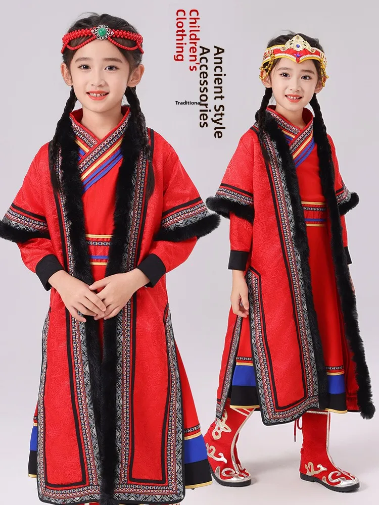 

Children's Mongolian Ethnic Clothing Girls' Daily National Costume Dance Performance Outfit Autumn Winter Polyester Fiber