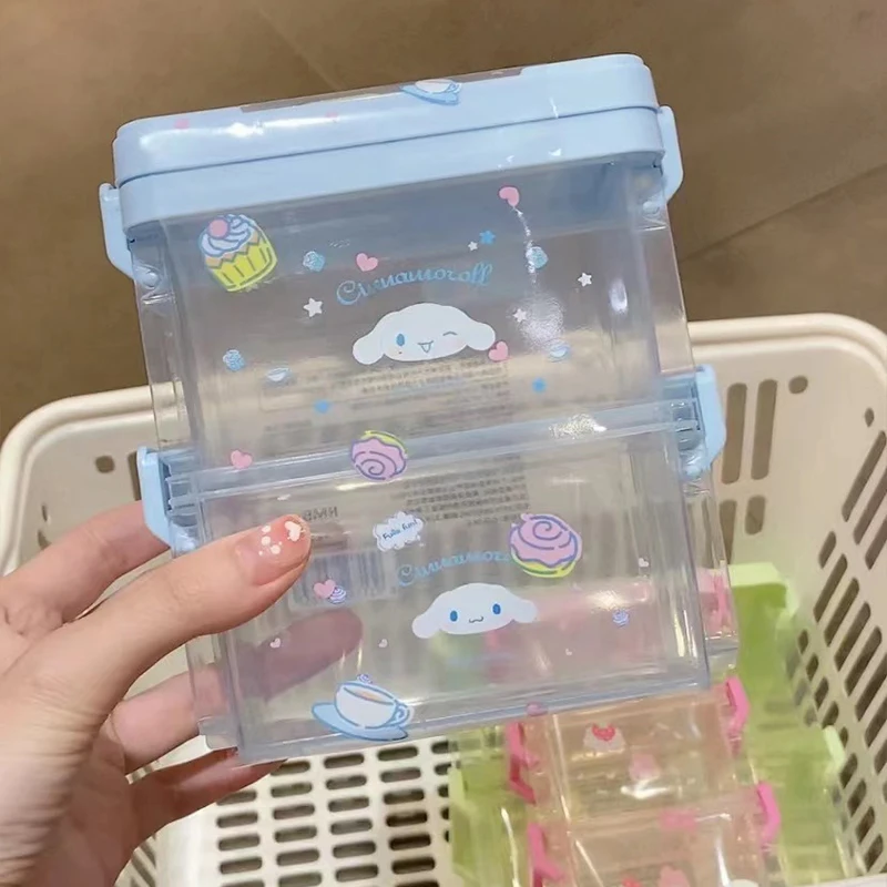 Sanrio Kawaii Cinnamoroll moja melodia dwuwarstwowe plastikowe pudełko do przechowywania na biurko dziewczyny serce Cartoon Pochacco organizator zabawka dla dzieci