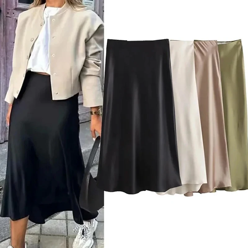 Sommerliche Damenröcke im koreanischen Stil aus Acetat-Satin, klassische, einfarbige, schmal geschnittene, dünne Kleider für Frauen, hochtaillierte, mittellange Röcke