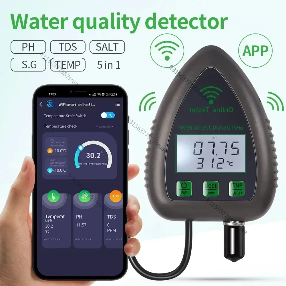 Tuya WiFi 5 in1 Water Quality Tester Online Monitor TDS EC S.G Salinity Temperature Test PH Meter Hydroponics Aquarium Pool 220V