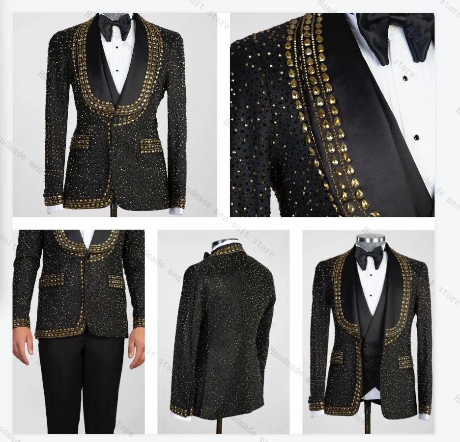 Black Men Suits 2 Piece Blazer+Pants Luxury Crystals Stone Wedding Tuxedo Coat Customized Formal Office Prom Jacket Trousers