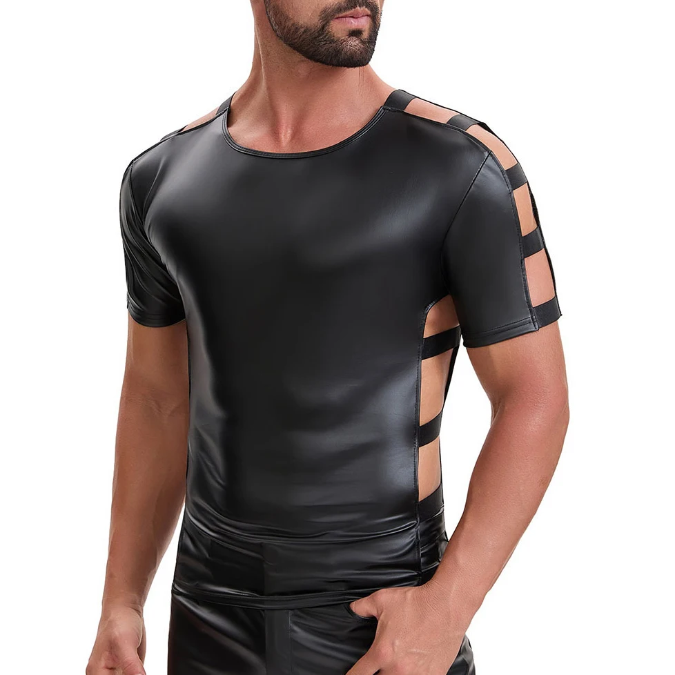Two Styles Stylish Men's Faux Leather Tops Short Sleeve/Sleeveless T Shirts Slim Fit Sexy Punk Nightclub Stage Club Vest Tees
