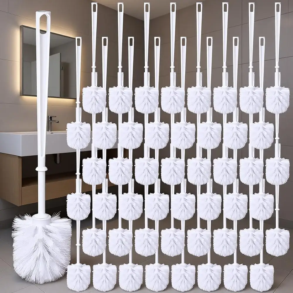 

50-Piece White Toilet Brush Set with Long Handle and Stiff Bristles for Deep Cleaning Bathroom Bowls