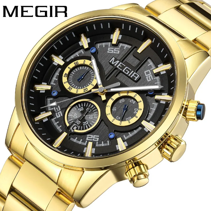 MEGIR 2220 Men Quartz Watch Fashion Elegant Business Silvery Chronograph Gold Stainless Steel Strap Wristwatches for Male Clock