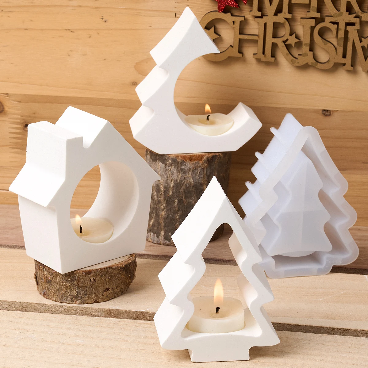 Xmas Ornaments Candlestick Silicone Mold DIY Handmade Christmas Tree Plaster Concrete Resin Candle Holder Craft Molds Home Decor