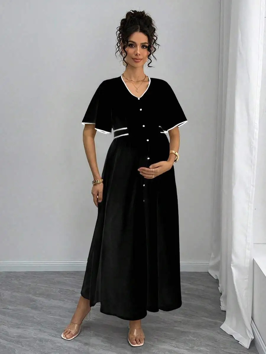 

Maternity Elegant Contrast Trim Long Dress Summer