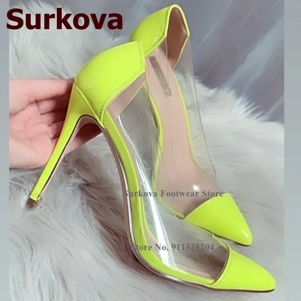 Surkova 투명 투명 PVC 패치 워크 하이힐 신발 12cm 10cm 8cm 지적 발가락 특허 가죽 웨딩 펌프 얕은 컷 힐