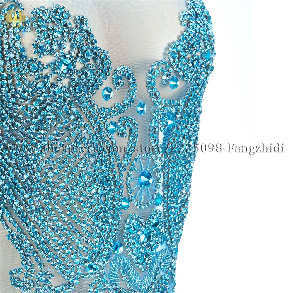 FZD 1 Pcs Cyan Rhinestone Bodice Applique Crystal Applique Crystal Bodice Applique for Wedding Dress Handmade Embroidery Iron On