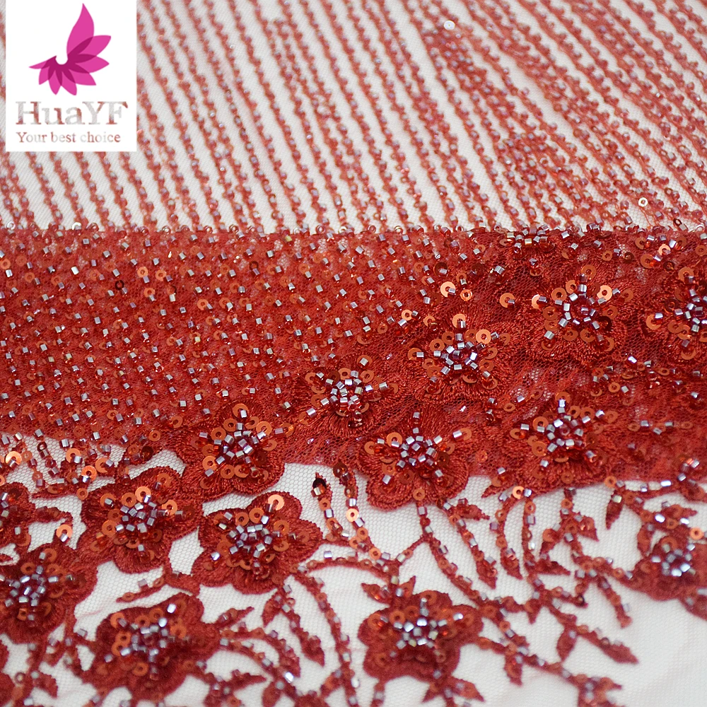 1 Yard Hot-selling  Red African Beaded Sequins Fabric Mesh Lace Bride Simple Evening Dress Materials HY2488