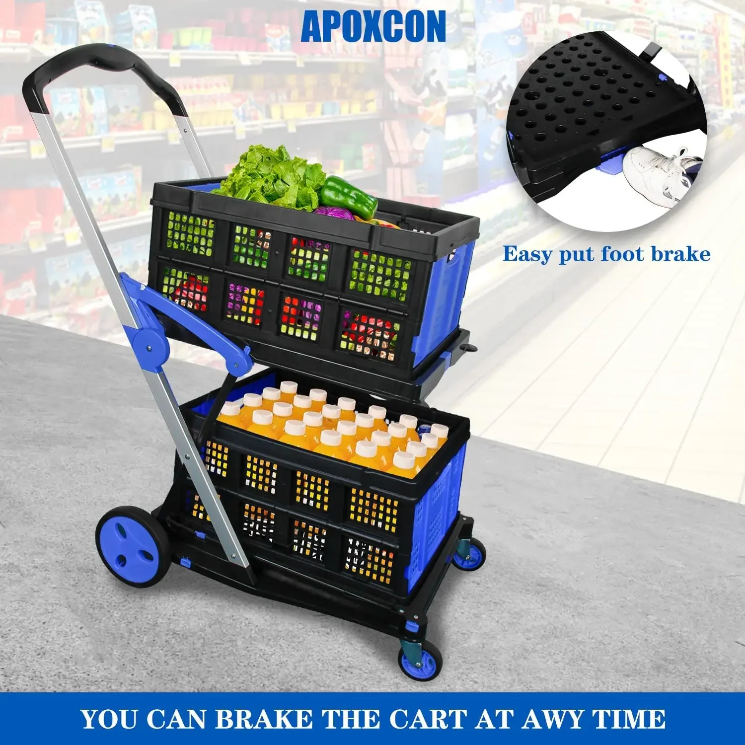 Shopping Cart with 2 Storage Crates, Multi Use Two Tier Collapsible Cart with 360° Rolling Swivel Wheels Heavy Duty Folding