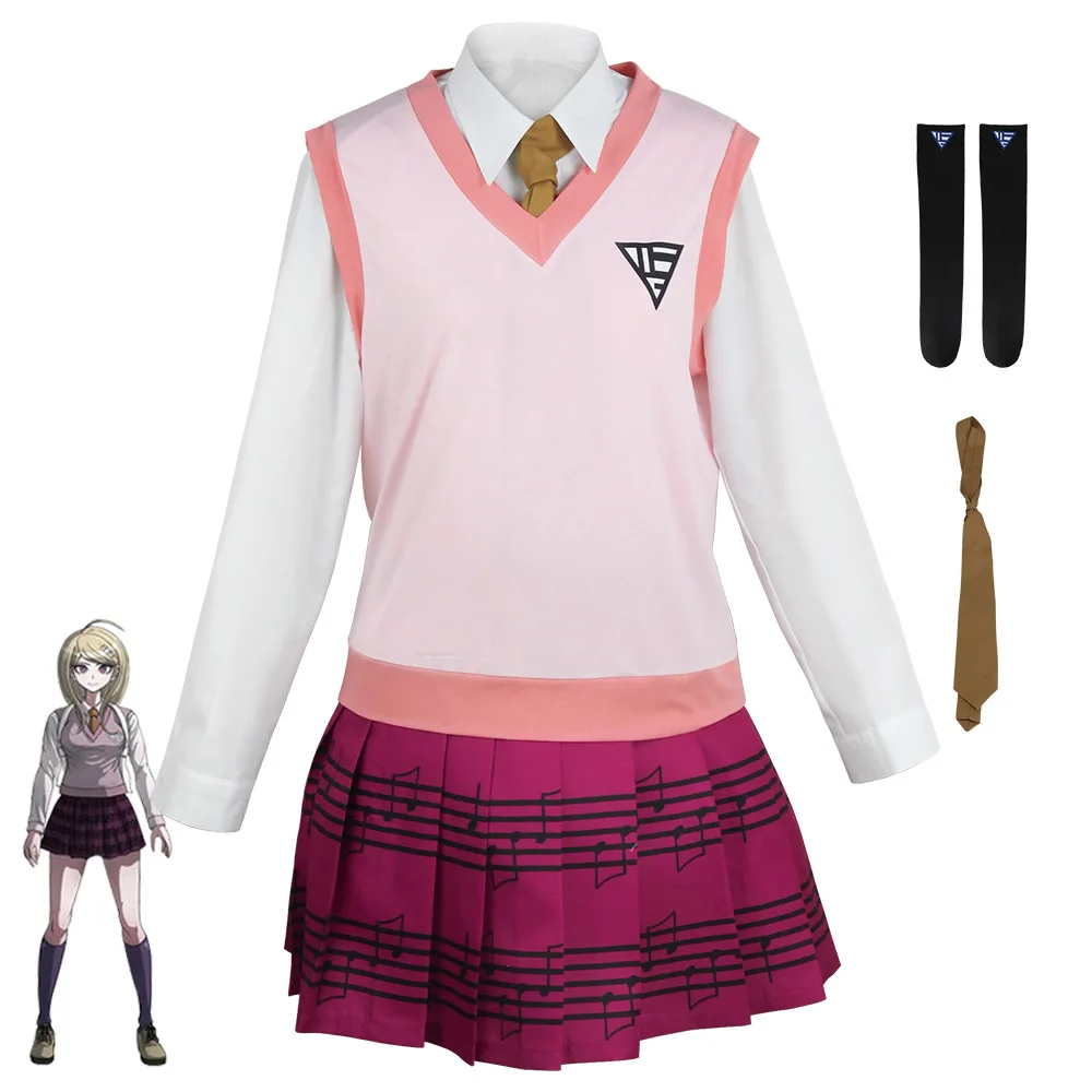 Ensemble de costumes de cosplay Anime New Danganronpa Kaede Akamatsuc, chemise, jupe, gilet rose, cravate, chaussettes, uniforme scolaire JK pour fête d'Halloween