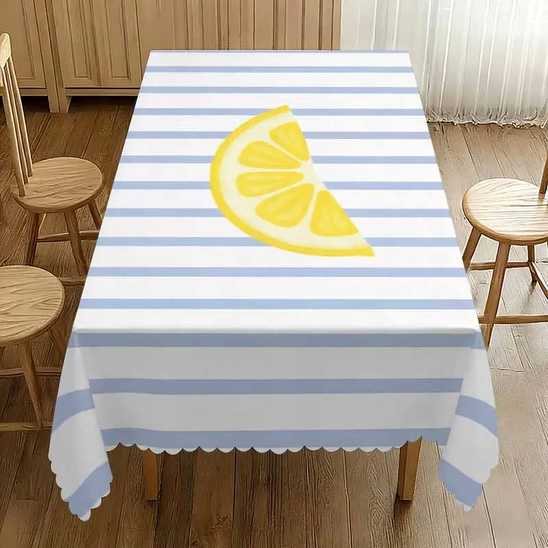 1pc Yellow Lemon Slice and Blue Stripe Print Tablecloth | Polyester, Machine Washable, Scalloped Edge, Suitable for Indoor and Outdoor Decor, Versatile for Parties and Holidays