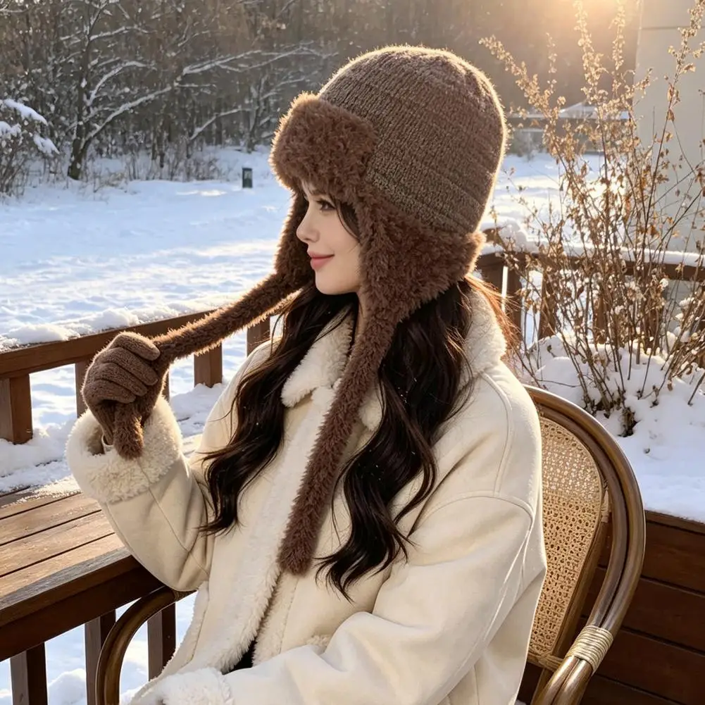 Outdoor Hiking Caps Women’s Wool Blend Trapper Hat with Ear Flaps Fuzzy Trim Winter Knit Cap Warm Weather Skiing Hiking