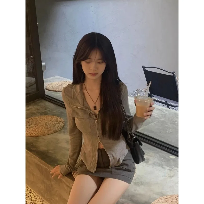 حار فتاة نقية المثيرة مزدوجة سحابات بدوره إلى أسفل طوق بأكمام طويلة تي شيرت امرأة الربيع/الصيف شكل المناسب Midriff-baring #5