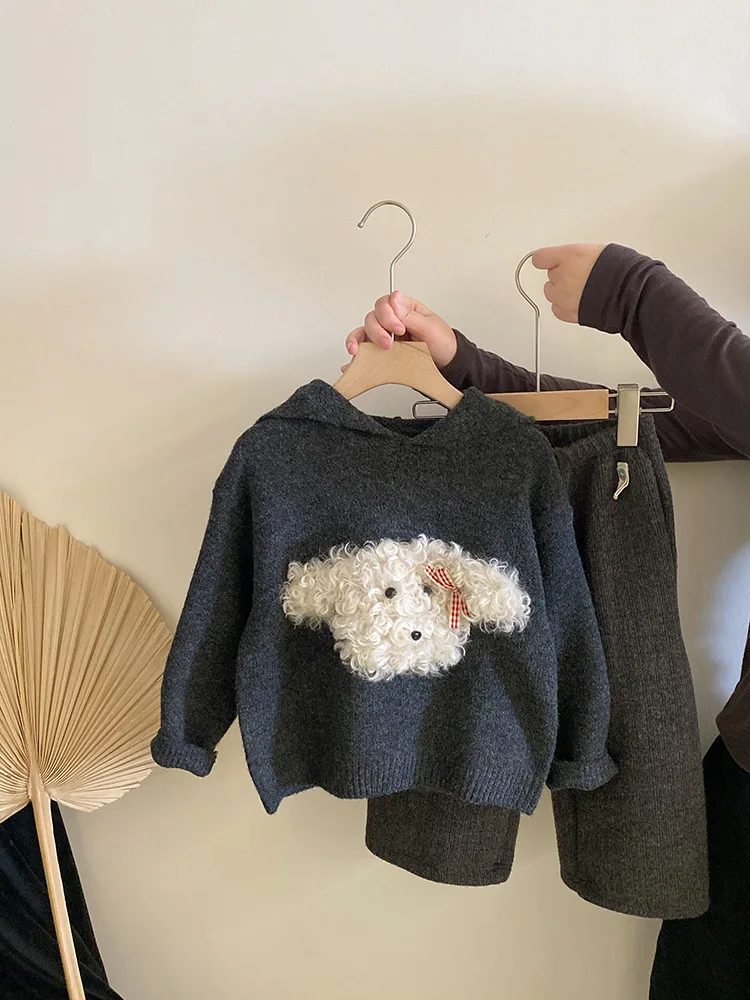 

Girls' Autumn Winter Set New Cartoon Dog Hooded Knit Sweater Thickened Casual Pants Set Trendy