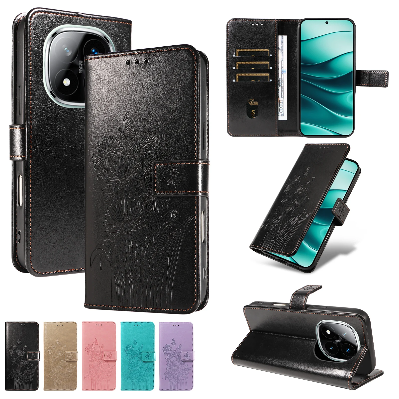 Für Redmi Note 8/9/10/11/12/13/14/15Pro Wallet-Handyhülle mit geprägtem Standfuß und Schutzhülle aus Kunstleder – Detail 4