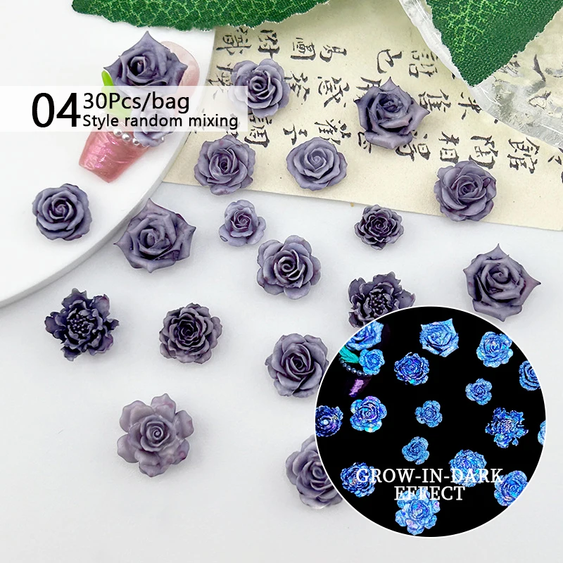 30 Stück leuchtende blaue Rose Nagel-Charms, 3D-glänzende, dunkeln wachsen, Nageldekorationen, DIY, durchscheinender Kristall, Maniküre, Nagelkunst-Dekor