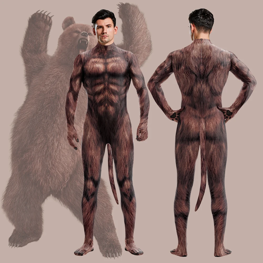 Brown Bear Zentai with Tail Pet Suit Furry 3D Print Cosplay Costume Full Cover Crotch Zipper Jumpsuit Men Zentai Bodysuit