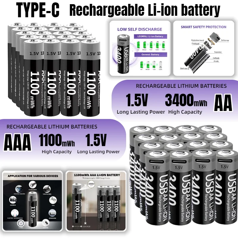 

USB Rechargeable AA and AAA Batteries 1.5V Lithium 3400mWh 1100mWh Long-Lasting Power for Electronics Camera Mouse Toys