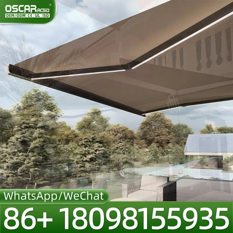 Remote Control Electric Aluminum Awnings with Arm LED Light Sun Protection UV Resistant Waterproof Retractable for Modern Garden