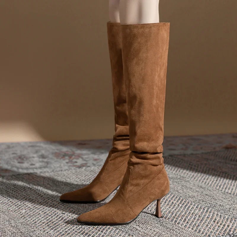 2023 Woman Suede High Heel Boots Solid Color Over The Knee High Boots Fashion Large Size Pointed Toe Stiletto Women's Shoes