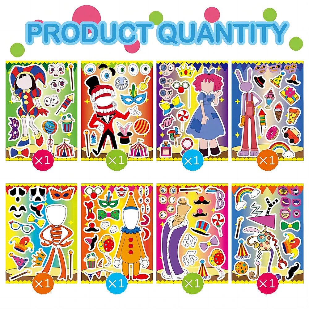 8/16Sheets Circus Clown Puzzle Stickers Kids Make a Face Game Children DIY Assemble Jigsaw Educational Toy Party Decoration Gift