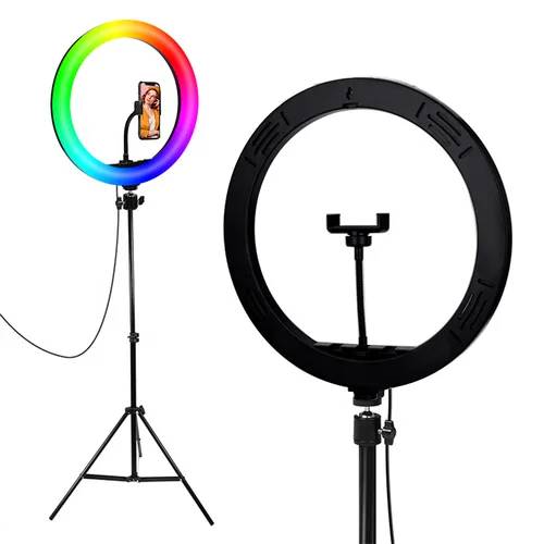 Imagen 2 del producto Anillo de luz LED para selfi, lámpara circular de maquillaje, 10 pulgadas, RGB, con soporte para trípode
