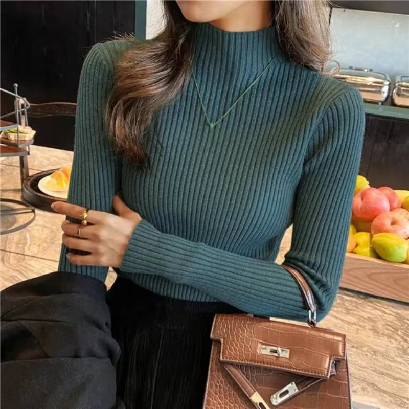 Turtleneck Sweater Women Long Sleeve, Casual Slim Pullover Korean Fashion Simple Chic Clothes Elegant Solid Basic Knitted Tops