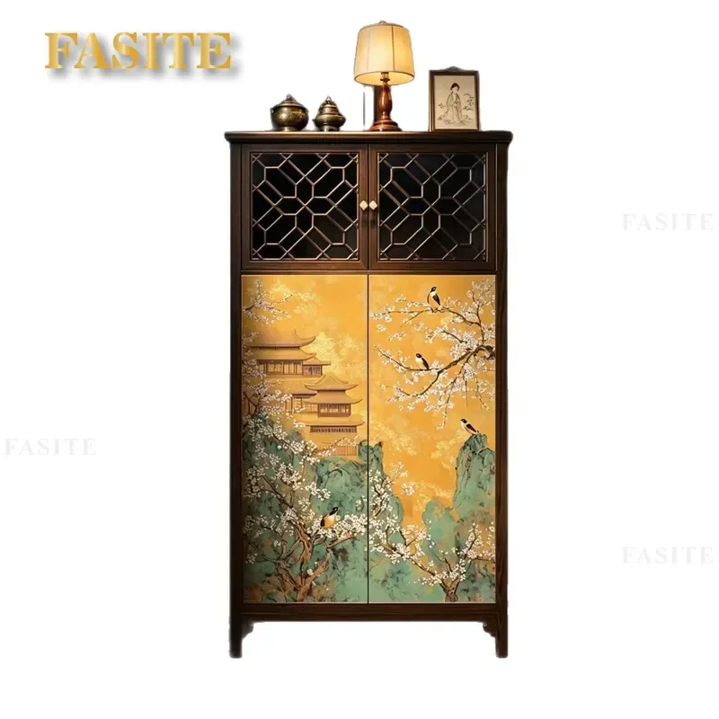 For New Chinese Style Solid Wood High Cabinet  Aesthetics Flower Bird Pavilion Entrance Living Room Storage Side Home