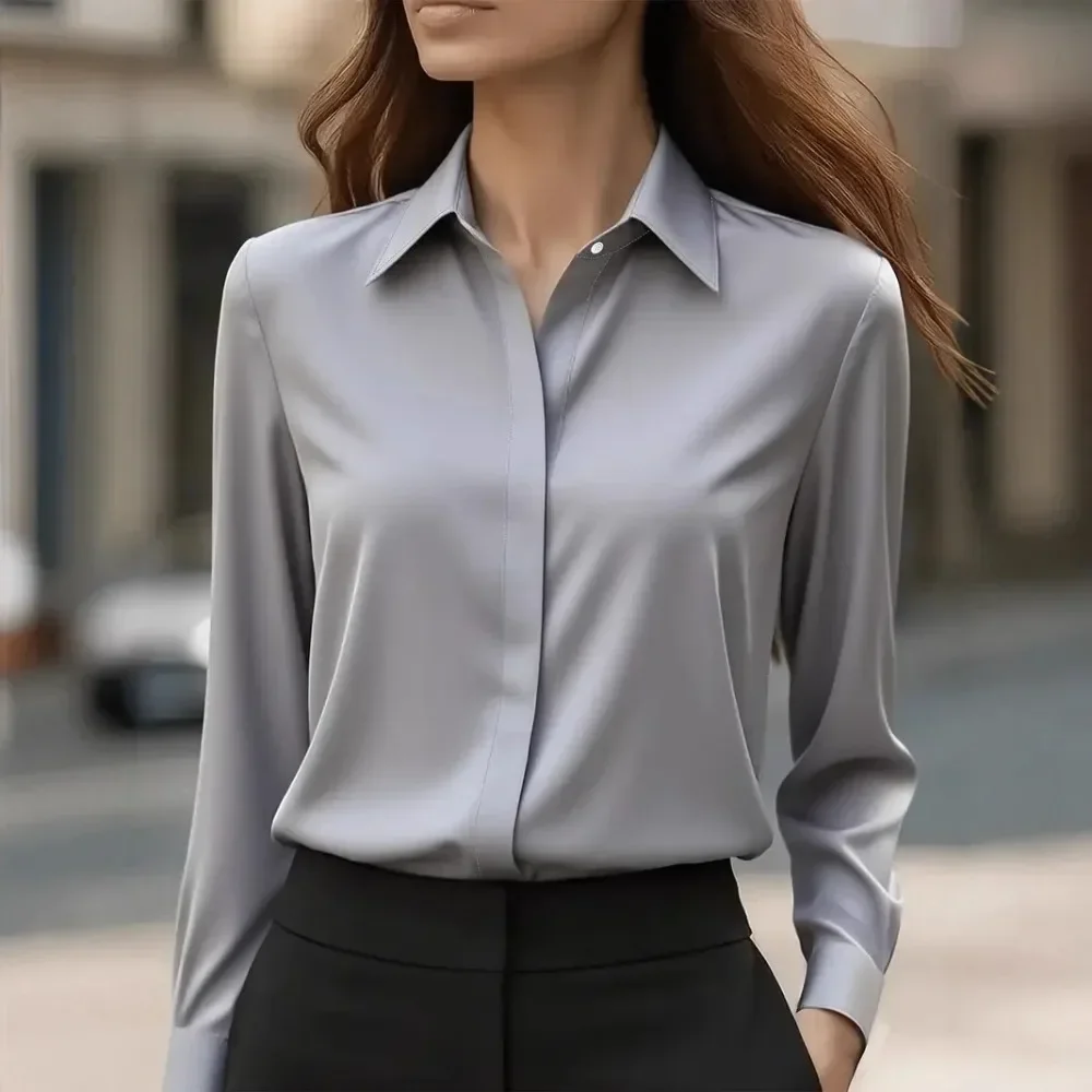 Women Solid Satin Long Sleeve Shirt Lapel Collar Breathable Soft Flattering Daily Office Commute Elegant Comfy Fall Autumn
