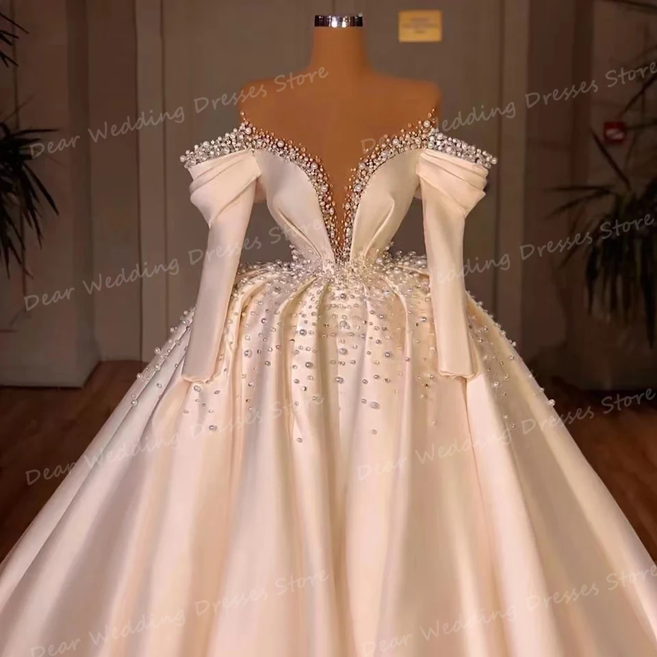 Abiti da sposa moderni con perline abiti da sposa Sexy con scollo A V da donna in raso con spalle scoperte manica lunga Vestido De Novia