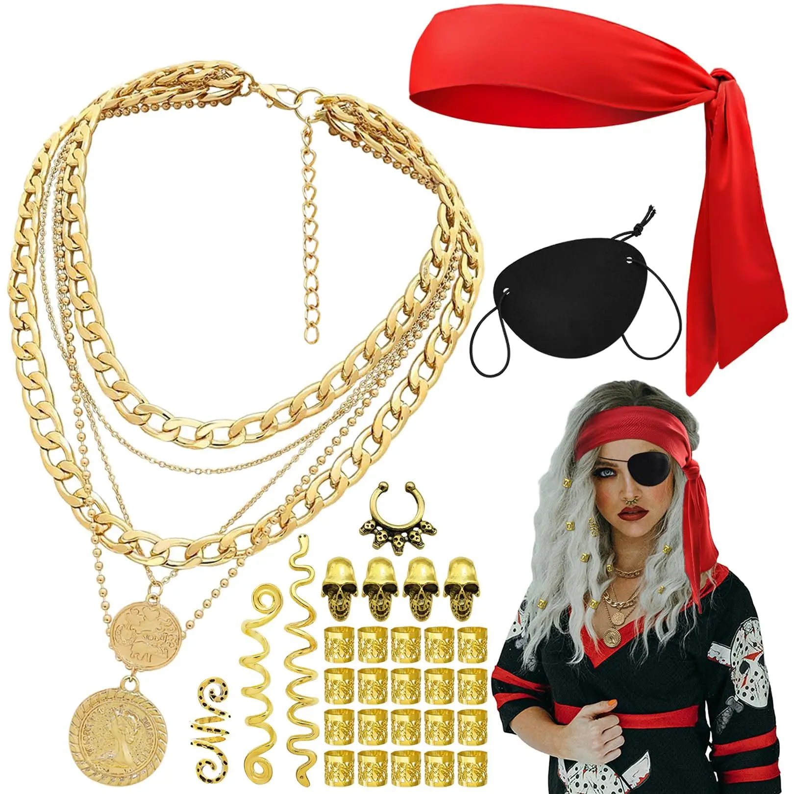 Accesorios de Disfraz Vikingo Pirata: Collar en Capas, Pañuelo, Parche para Ojo, Anillo de Nariz de Calavera sin Perforación, Barba y Pelo para Hombre, Atuendo de Cosplay