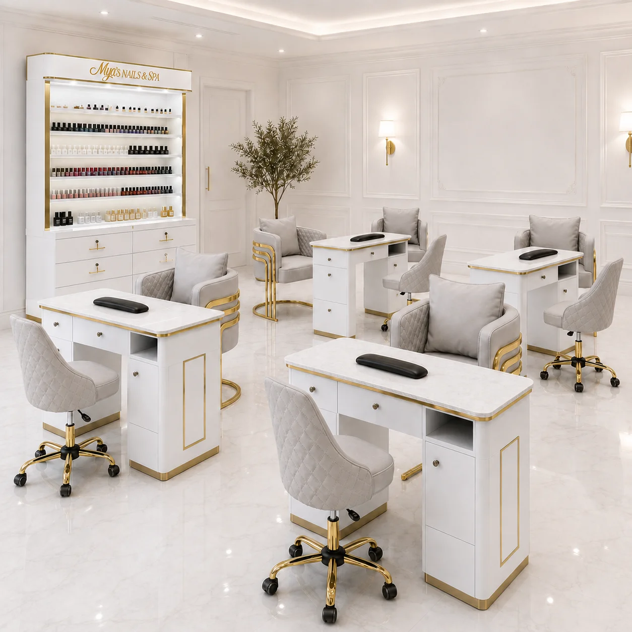 Modern Luxury Nail Salon Furniture with Dust Collector Wholesale Manicure Table Display Shelf Salon & Technician Chair Set