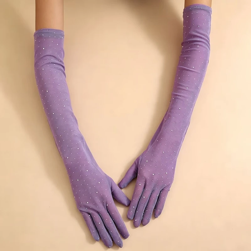 Elegant Long Sparkly Rhinestone Sheer Mesh Gloves Ladies Thin Breathable Sunscreen Gloves Bridal Party Dress Accessories