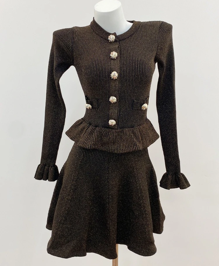 Autumn Women Knitted Slim Fit Dress Round Neck Long Sleeve A Line High Waist Ruffle Diamond Button Robe