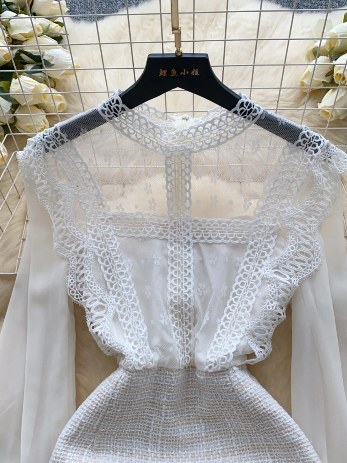 エレガントなメッシュ花柄刺繍Aラインミディドレス レディース 秋 ハイウエストデザイン スプライススリムスカート 韓国風通勤