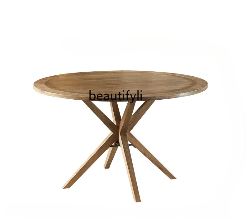 Nordic furniture retro old elm dining table small apartment light luxury household solid wood round dining table