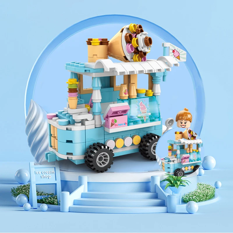 Diy Architecture Ice Cream Car Store Street View Food Building Blocks Kit Girls Bricks Classic Movie Model Kid Toys For Children